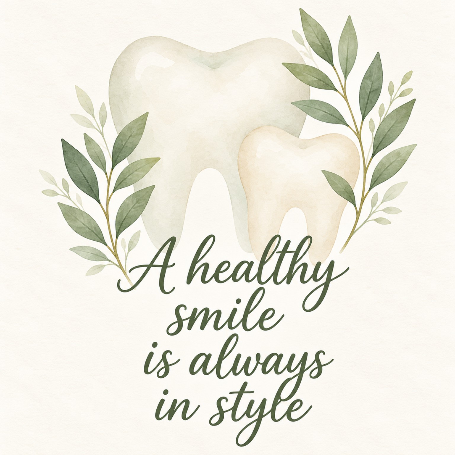 Watercolor illustration of teeth and botanical leaves with the message A healthy smile is always in style