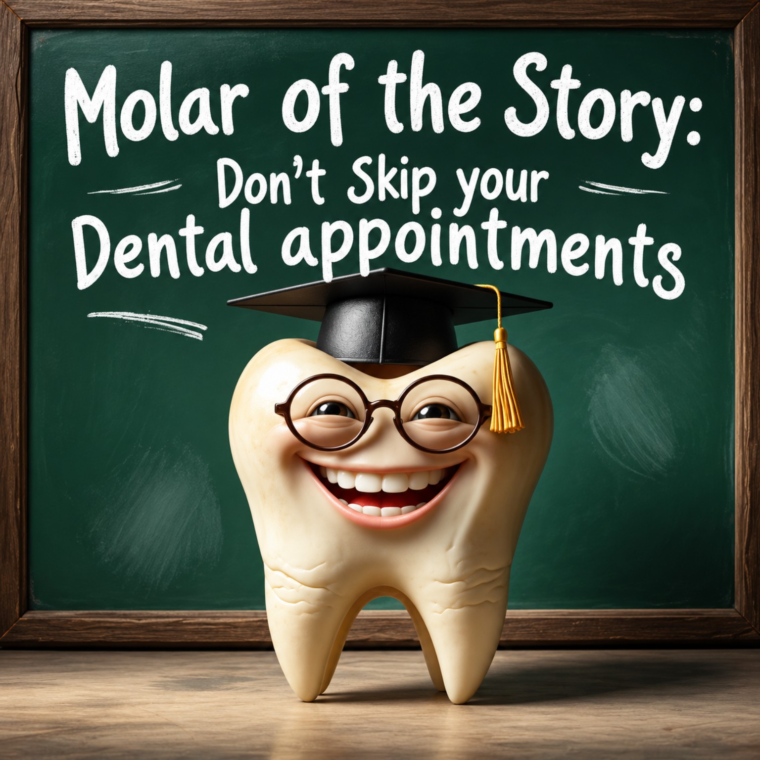Illustration of a smiling molar wearing a graduation cap beside a reminder not to skip dental appointments